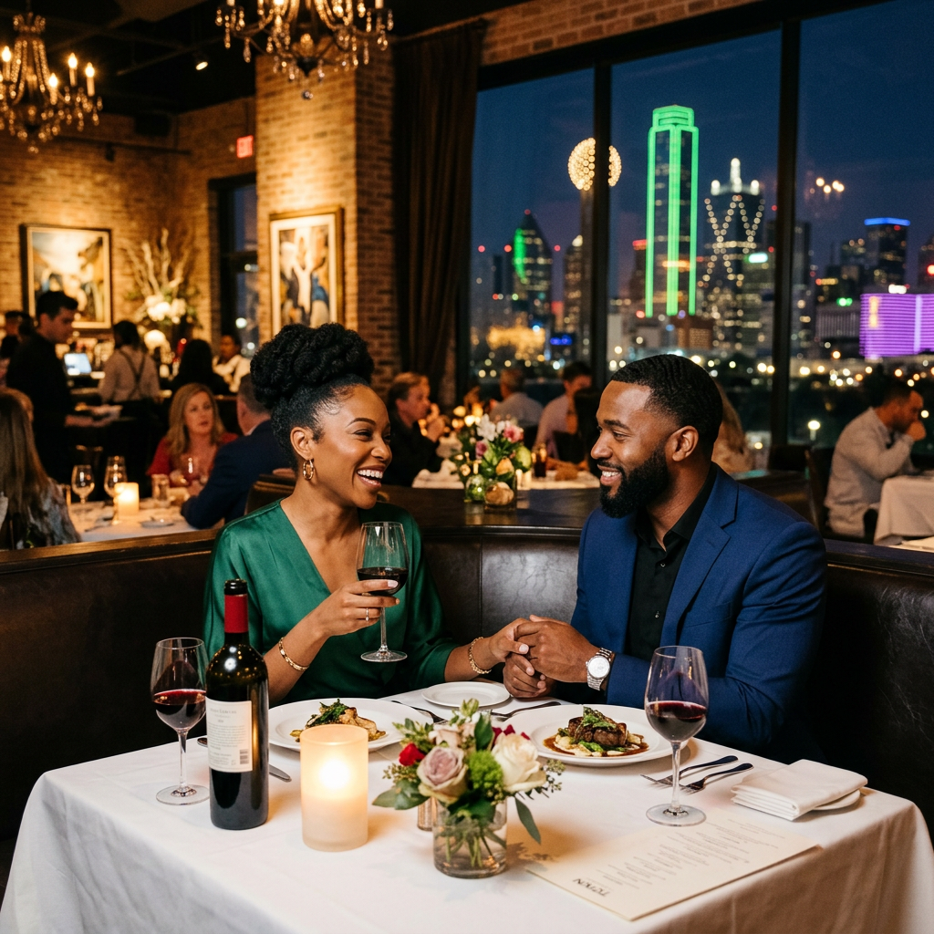 Couple holding hands and smiling during a dinner at a restaurant with city lights visible through large windows